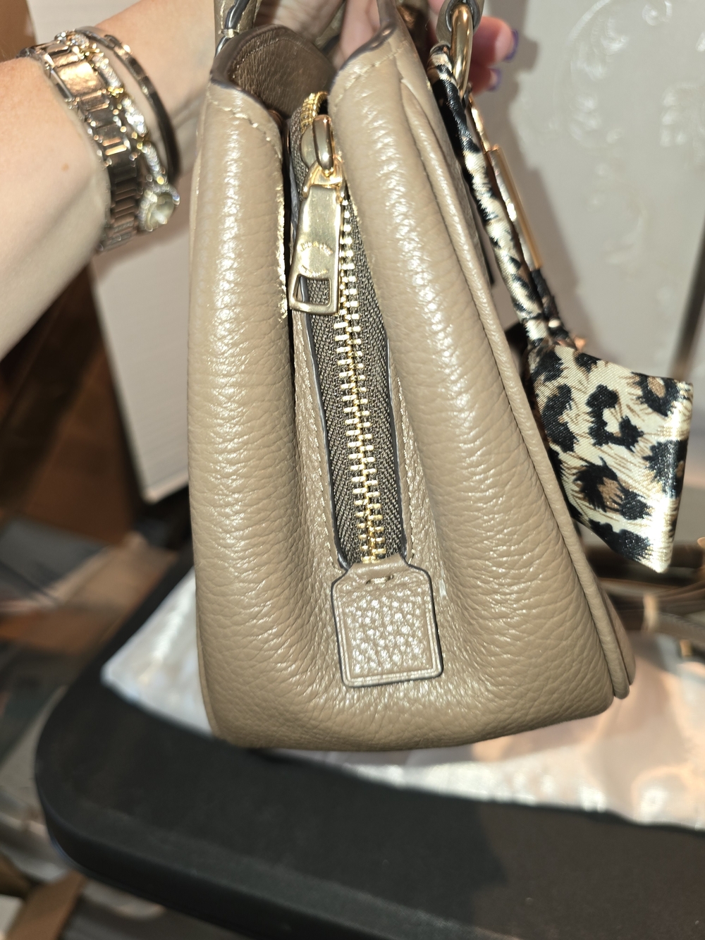 Coach Taupe Pebbled Leather Satchel with Leopard Scarf Accent - Picture 3 of 11